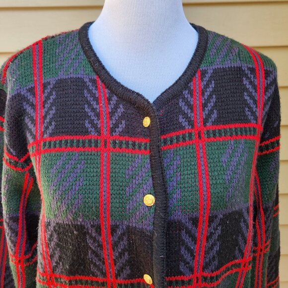 VTG Liz Baker Multicolor Plaid Cardigan Sweater Pockets Gold Buttons Grandma - Picture 4 of 13